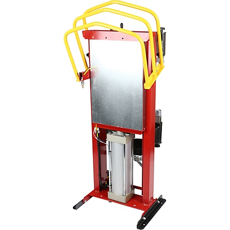 Rote Hebevorrichtung mit gelbem Schutzbügel. Silberne Platte in der Mitte, zylindrische Bauteile unten.